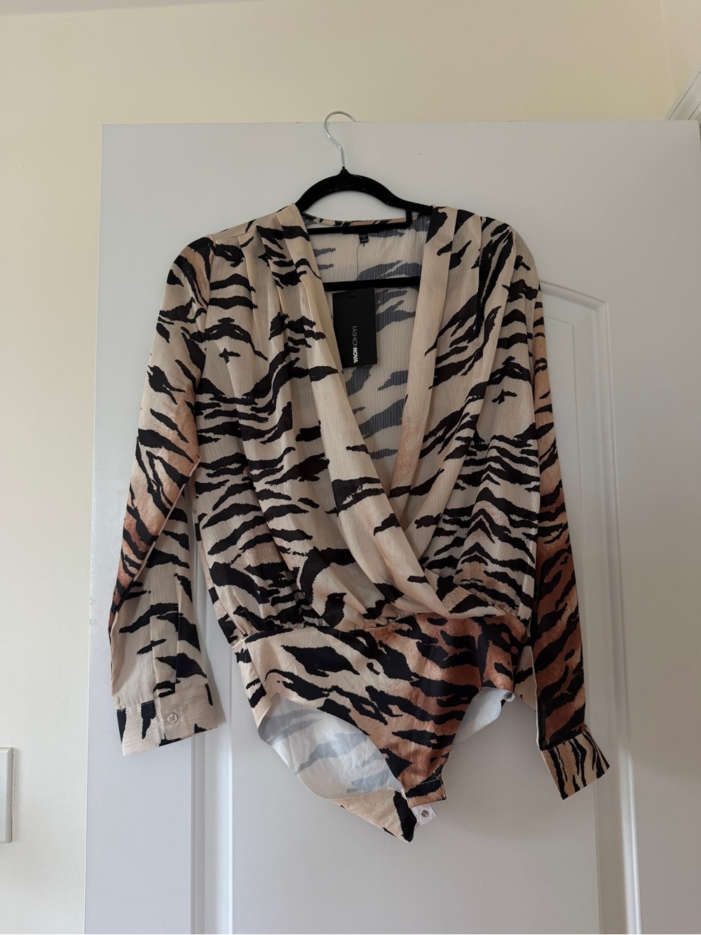 NWT Fashion Nova Beige Black Brown Animal-Print Wrap Bodysuit